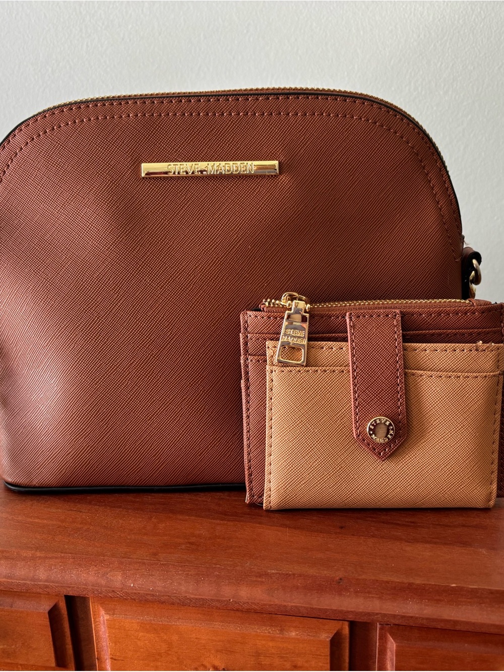 Steve Madden Brown and Tan Two-Tone Crossbody with Card Wallet
